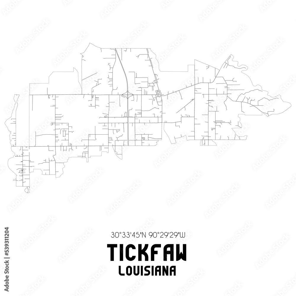Tickfaw Louisiana. US street map with black and white lines.