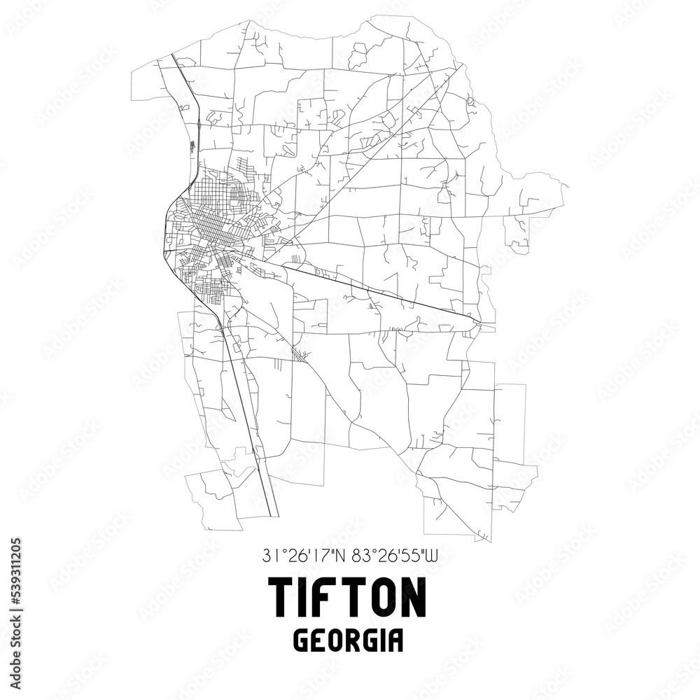 Tifton Georgia. US street map with black and white lines.