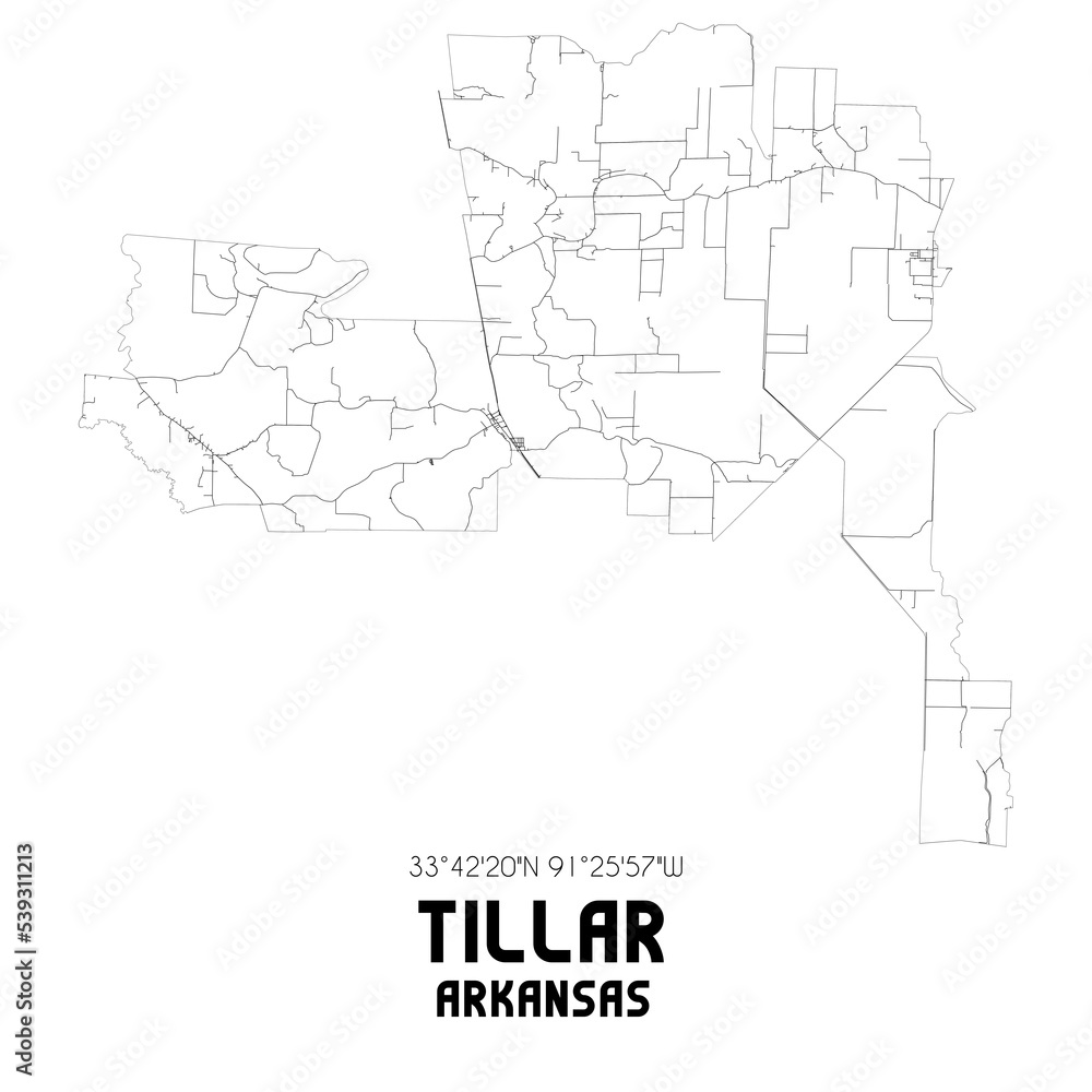 Tillar Arkansas. US street map with black and white lines.