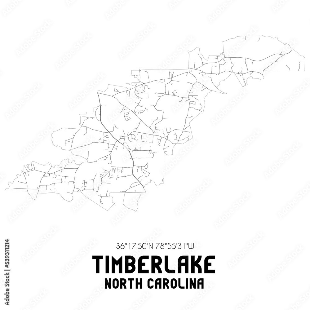 Timberlake North Carolina. US street map with black and white lines.