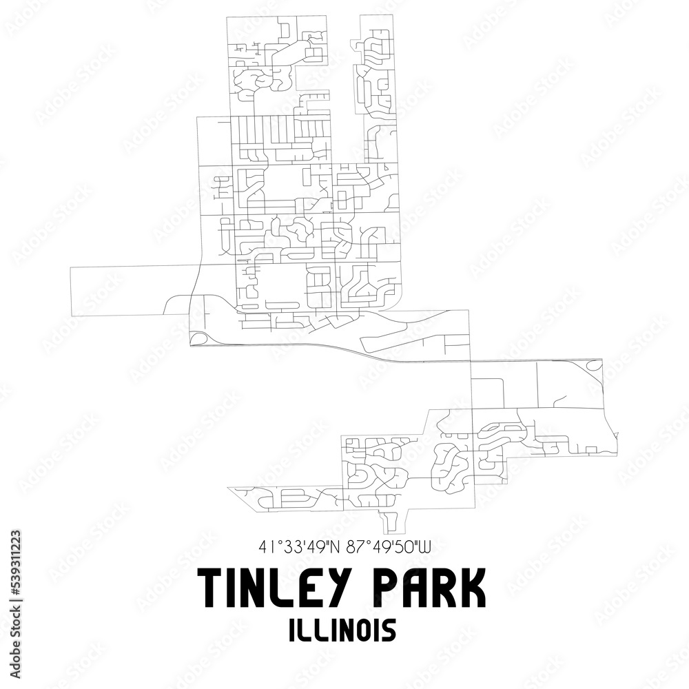 Tinley Park Illinois. US street map with black and white lines.