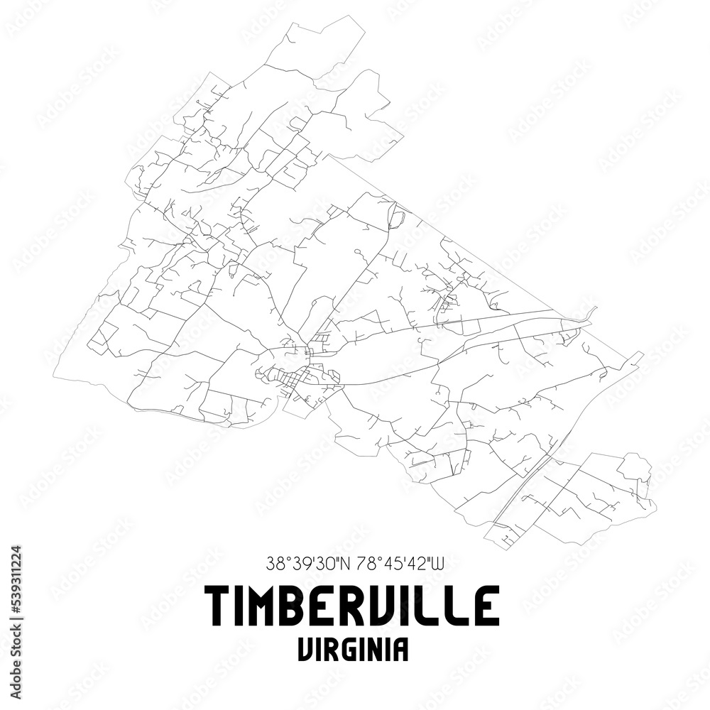 Timberville Virginia. US street map with black and white lines.