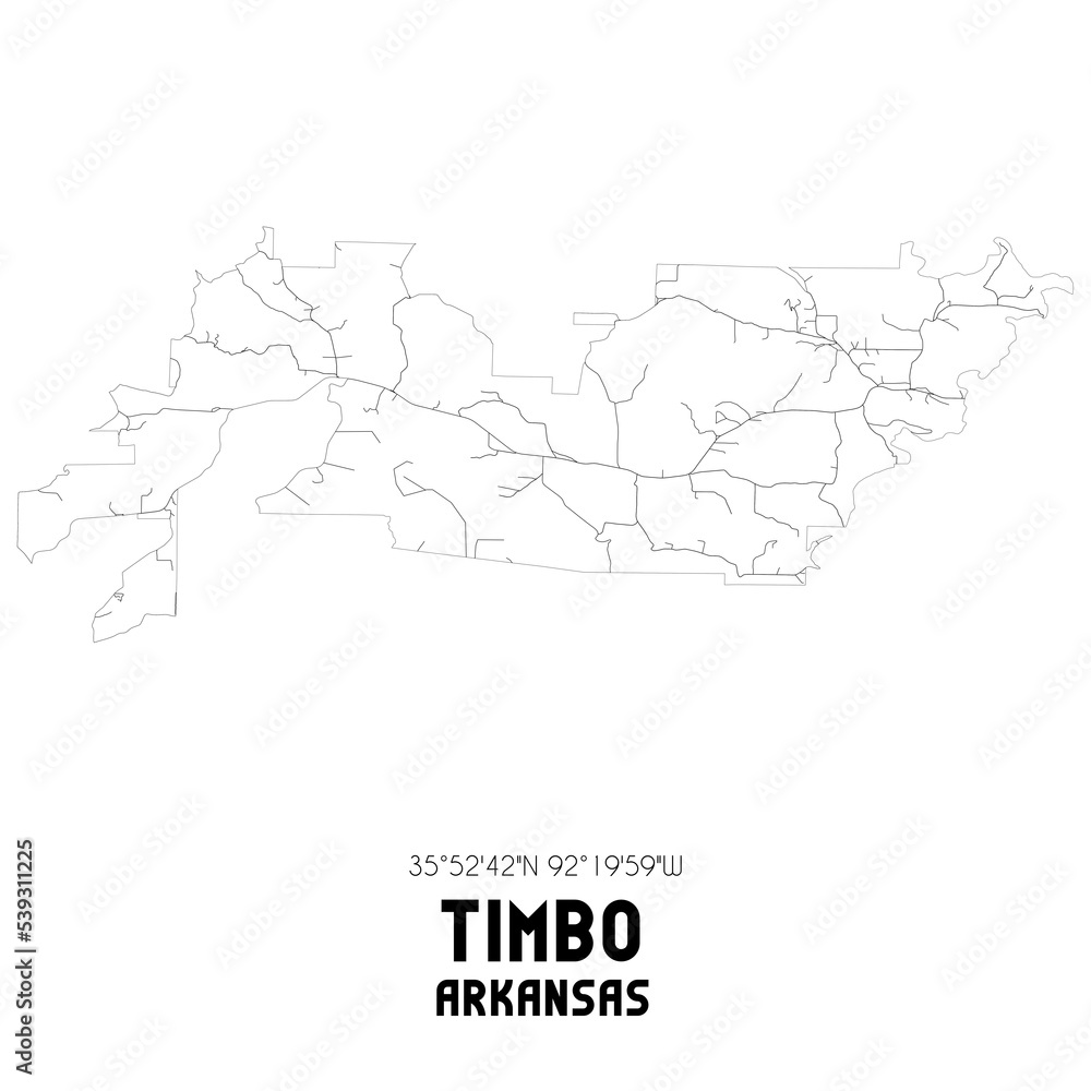 Timbo Arkansas. US street map with black and white lines.