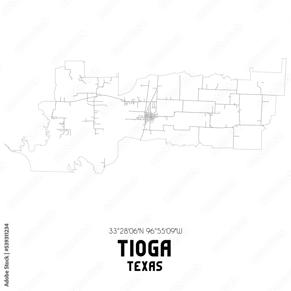 Tioga Texas. US street map with black and white lines.