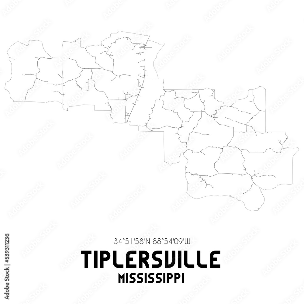 Tiplersville Mississippi. US street map with black and white lines.