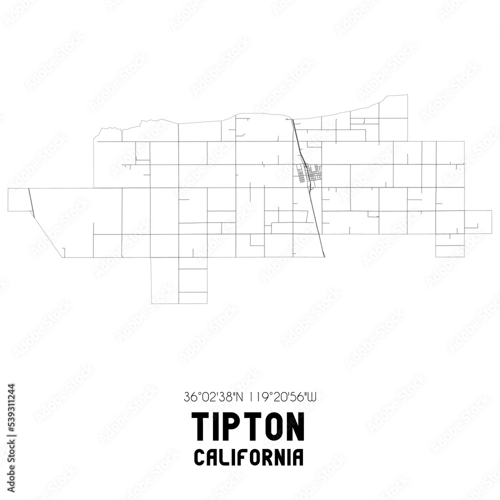 Tipton California. US street map with black and white lines.