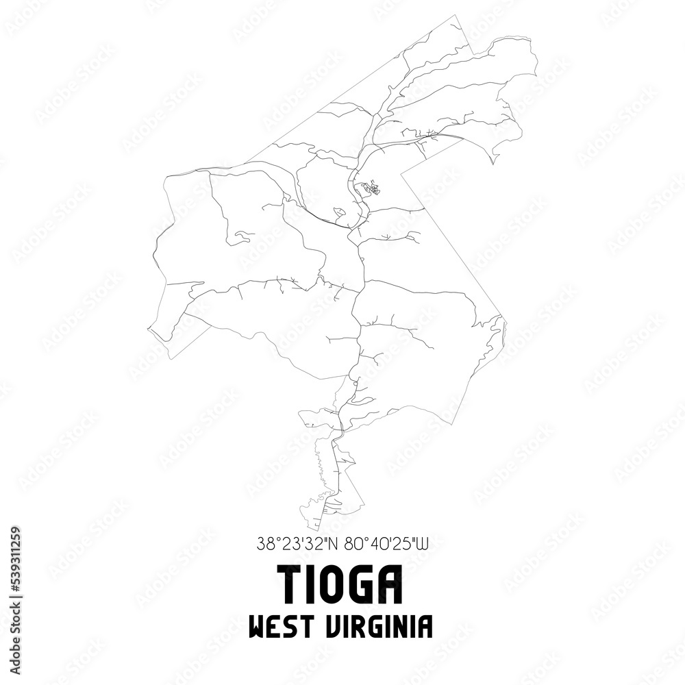 Tioga West Virginia. US street map with black and white lines.