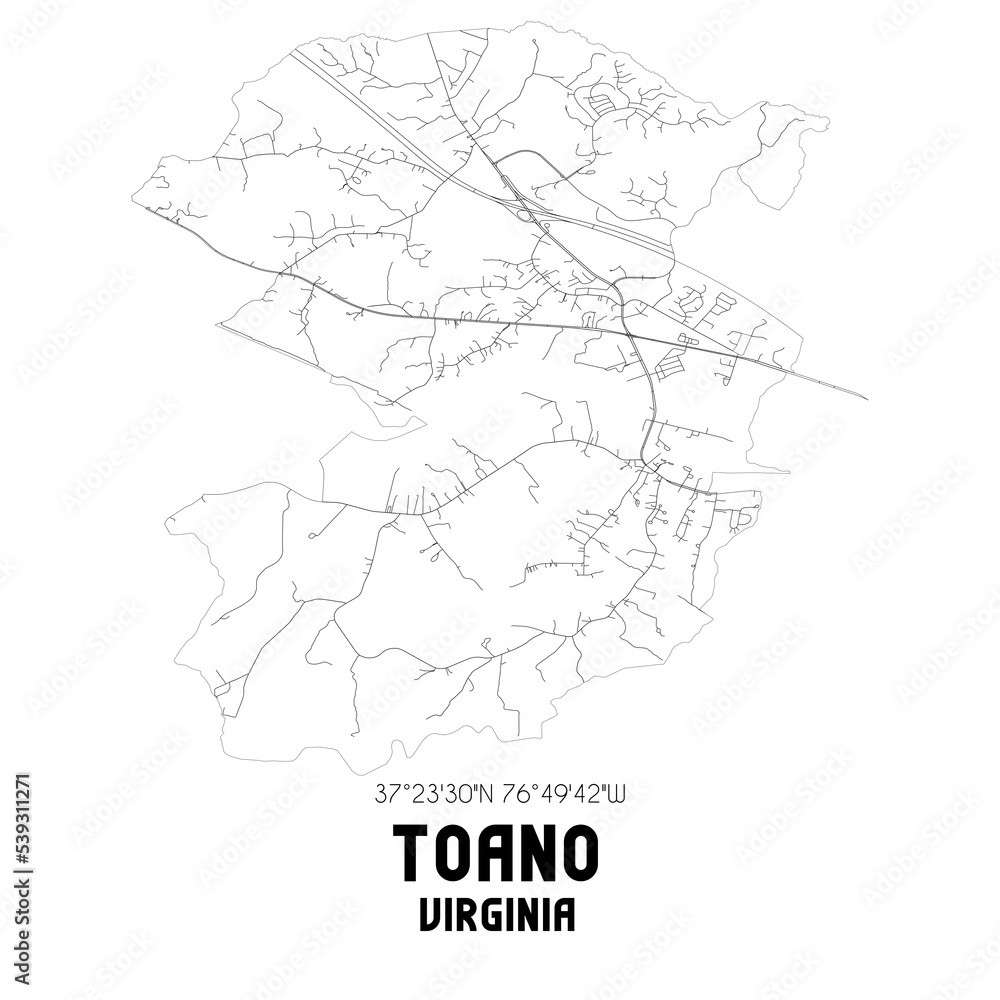 Toano Virginia. US street map with black and white lines.