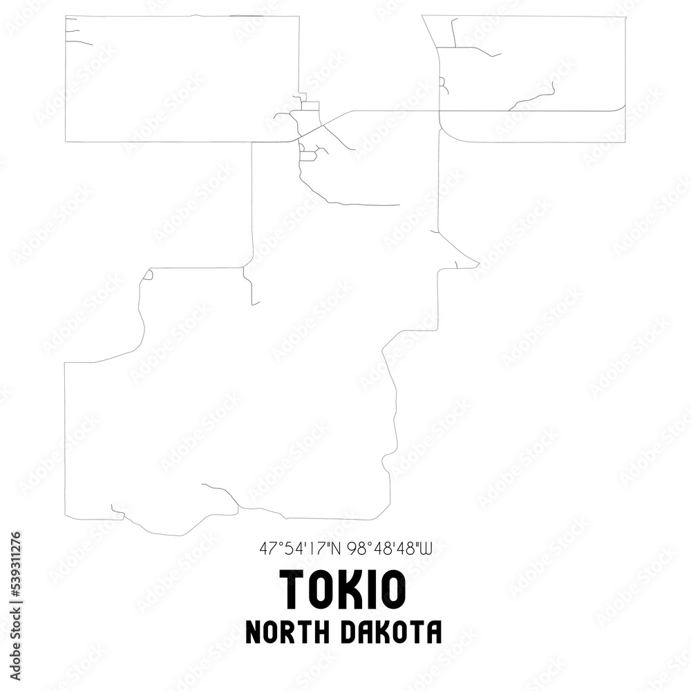 Tokio North Dakota. US street map with black and white lines.