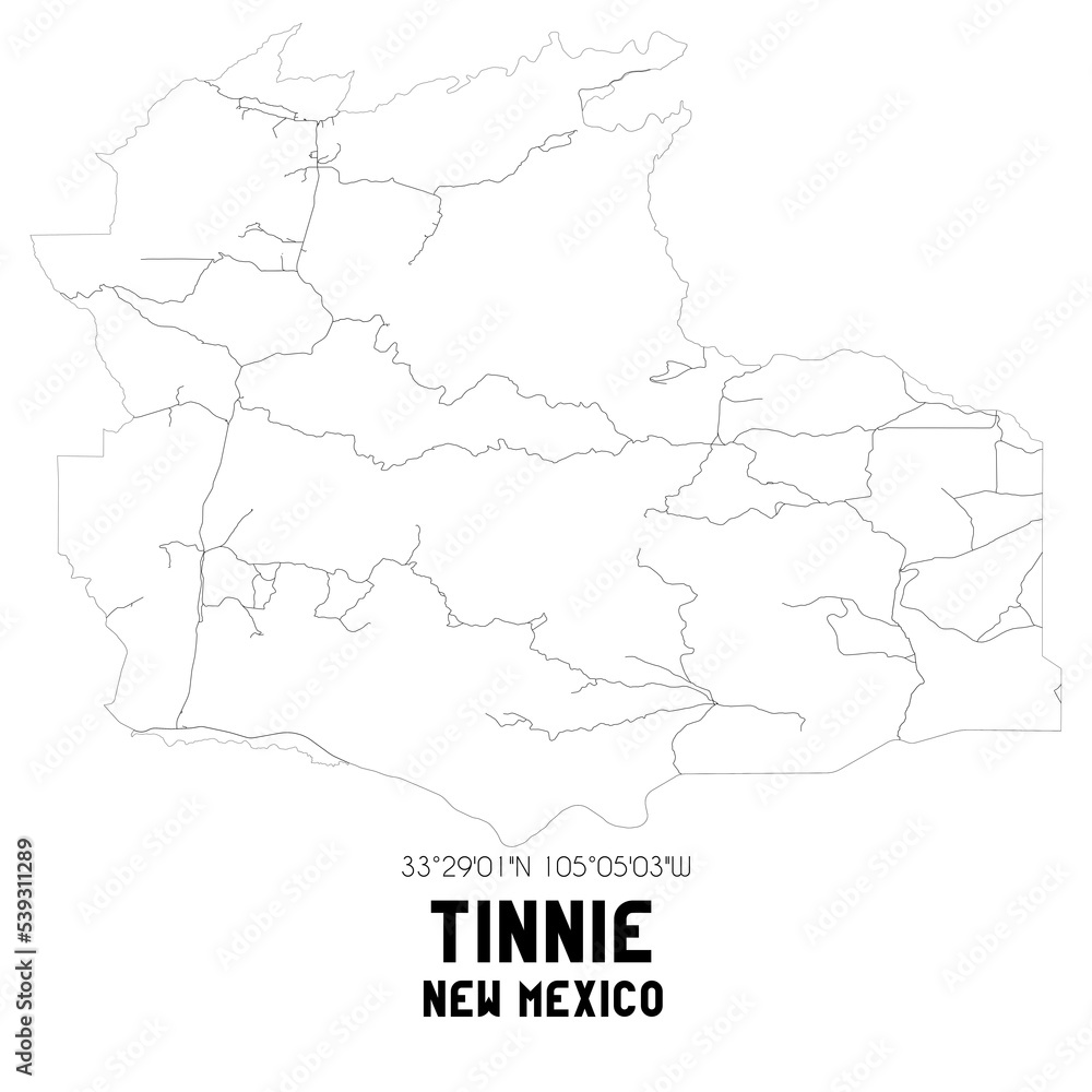 Tinnie New Mexico. US street map with black and white lines.