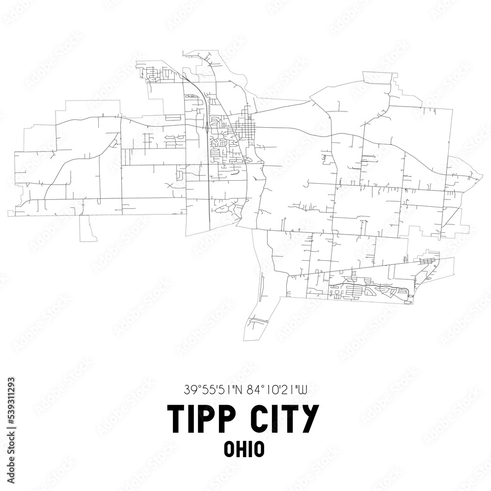 Tipp City Ohio. US street map with black and white lines.
