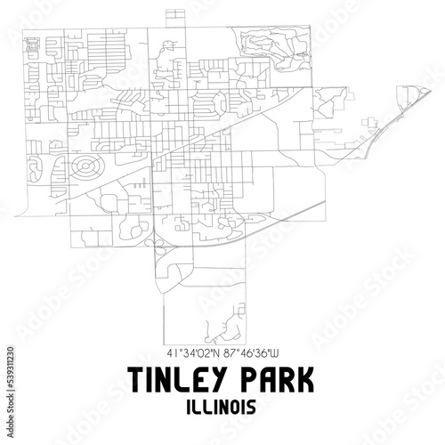 Tinley Park Illinois. US street map with black and white lines.