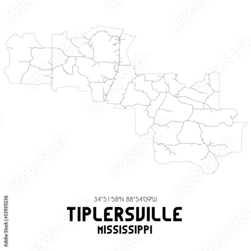 Tiplersville Mississippi. US street map with black and white lines.