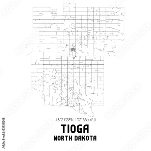 Tioga North Dakota. US street map with black and white lines.