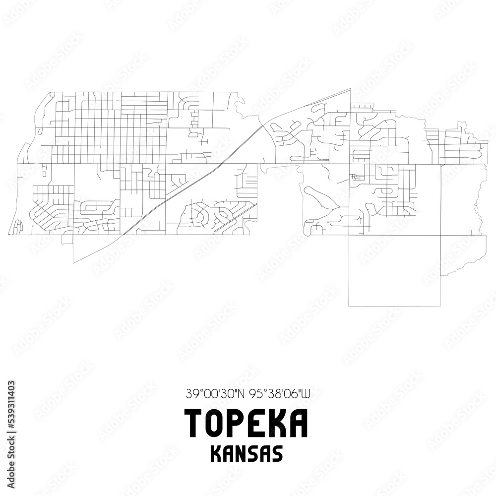 Topeka Kansas. US street map with black and white lines.