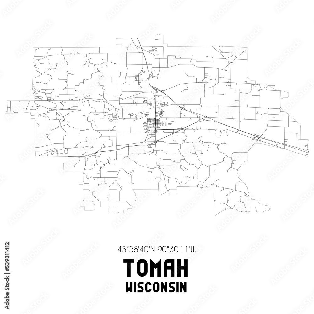 Tomah Wisconsin. US street map with black and white lines.