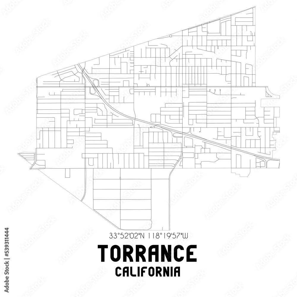 Torrance California. US street map with black and white lines.