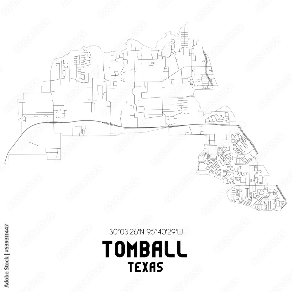 Tomball Texas. US street map with black and white lines.