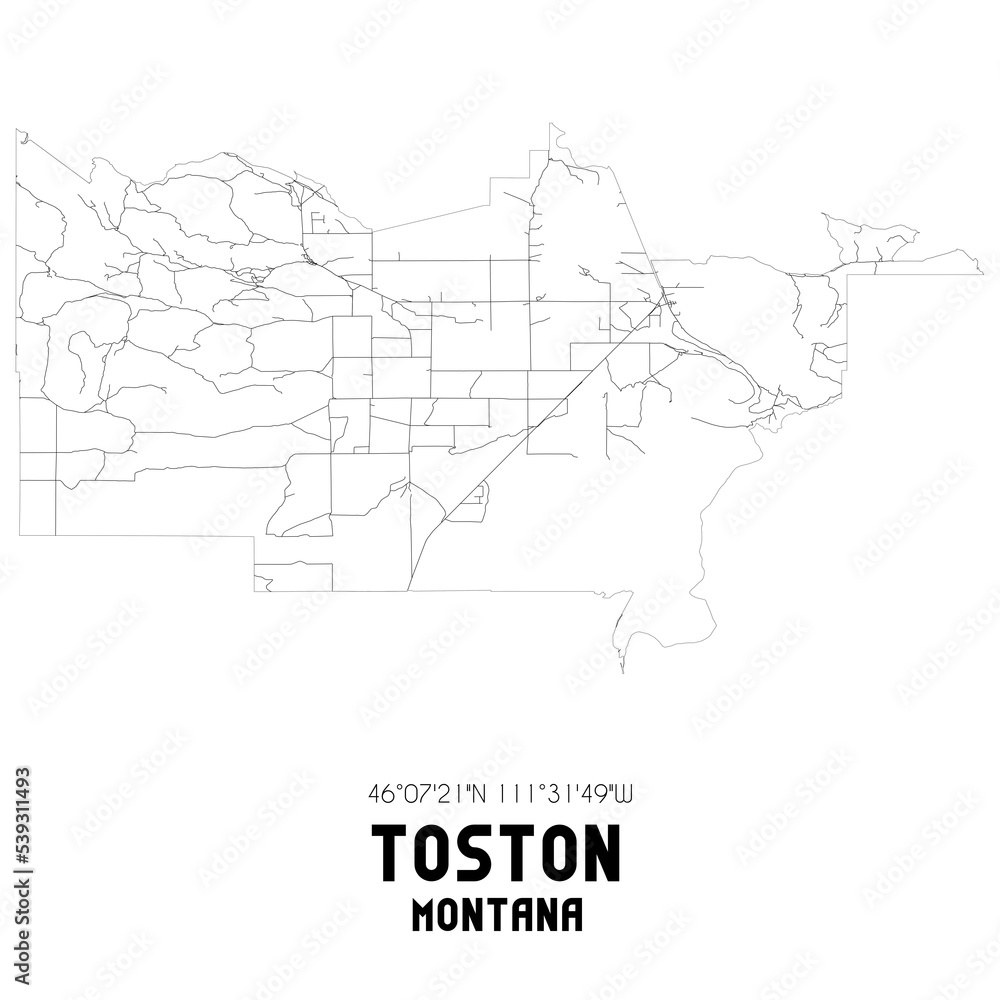 Toston Montana. US street map with black and white lines.