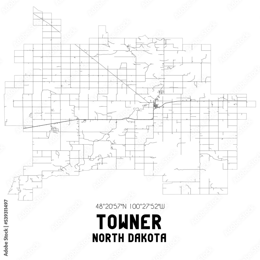Towner North Dakota. US street map with black and white lines.