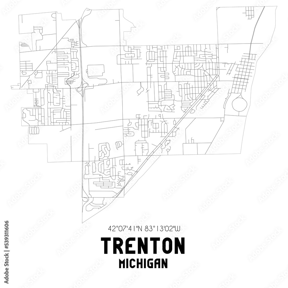 Trenton Michigan. US street map with black and white lines.