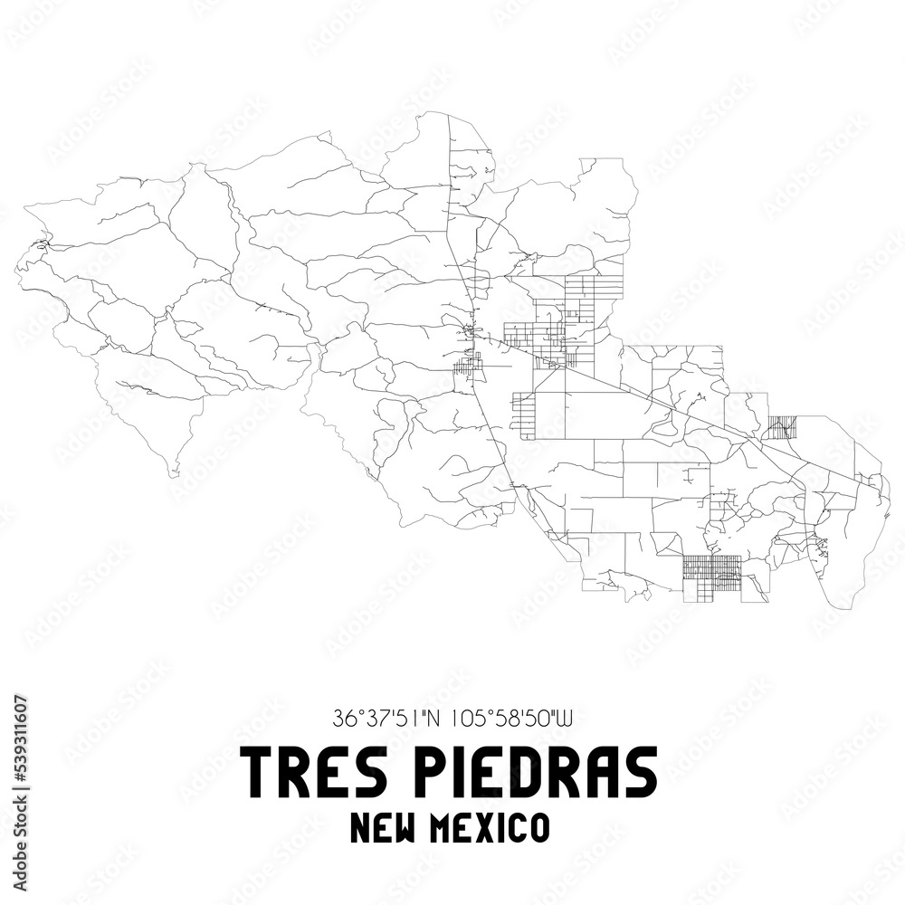 Tres Piedras New Mexico. US street map with black and white lines.