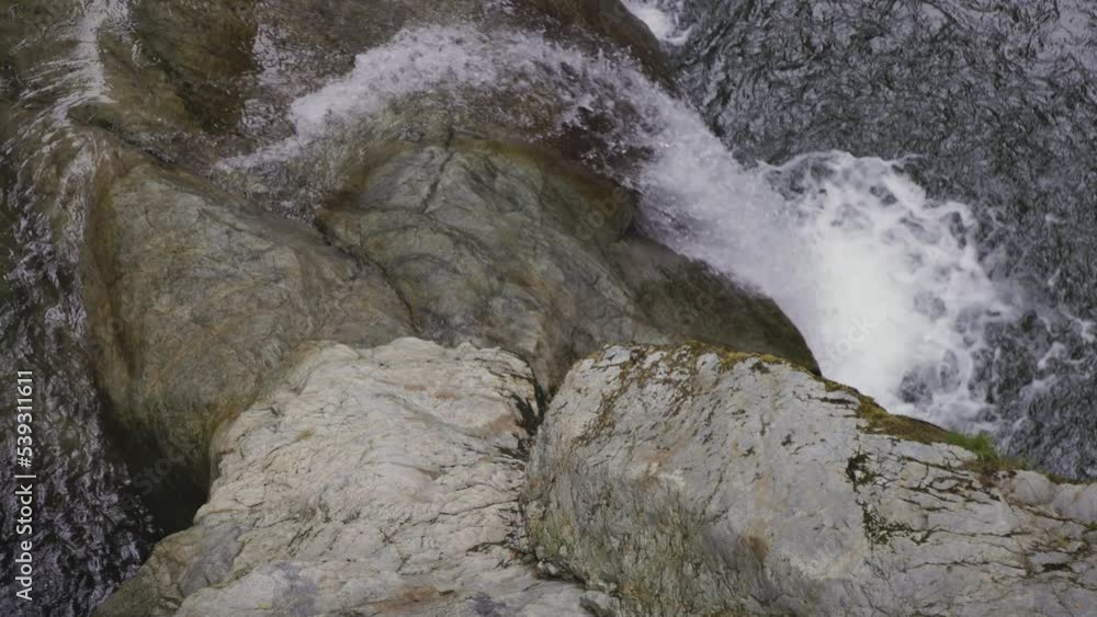 Fresh Water running down the water fall around rocks in Canadian Nature. Lynn Valley Canyons, North Vancouver, British Columbia, Canada. 4k Cinematic Slow Motion Fresh Water running down the water fall around rocks in Canadian Nature. Lynn Valley Canyons, North Vancouver, British Columbia, Canada. 4k Cinematic Slow Motion