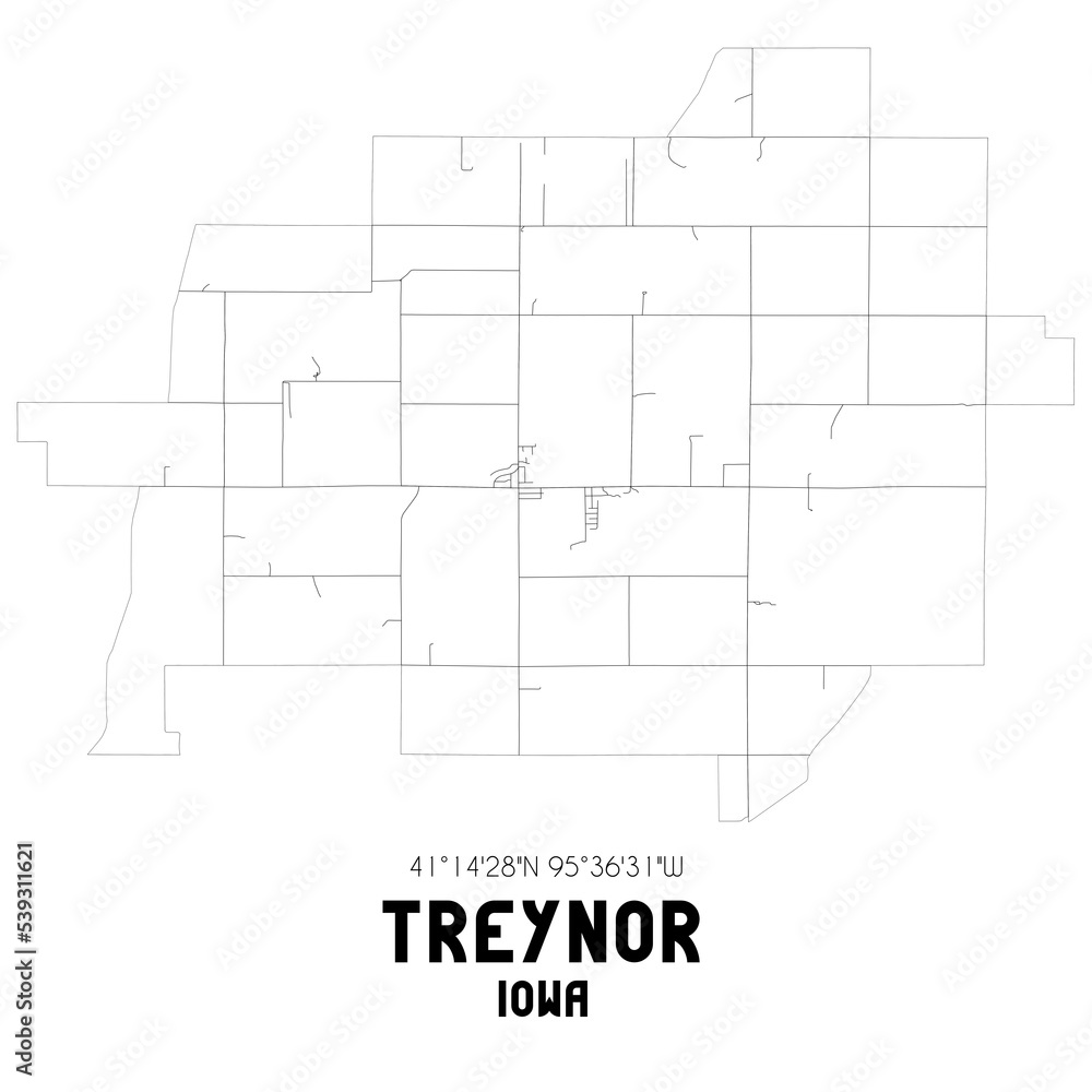 Treynor Iowa. US street map with black and white lines.