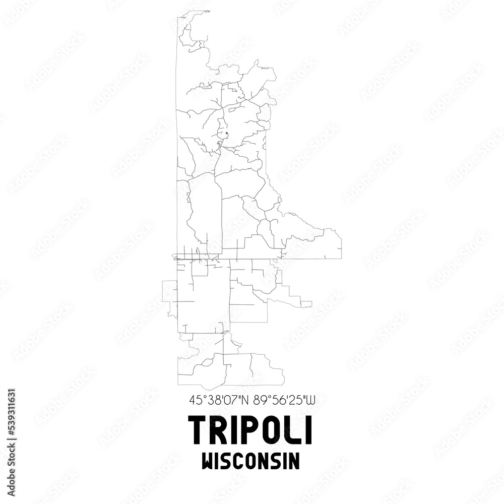 Tripoli Wisconsin. US street map with black and white lines.