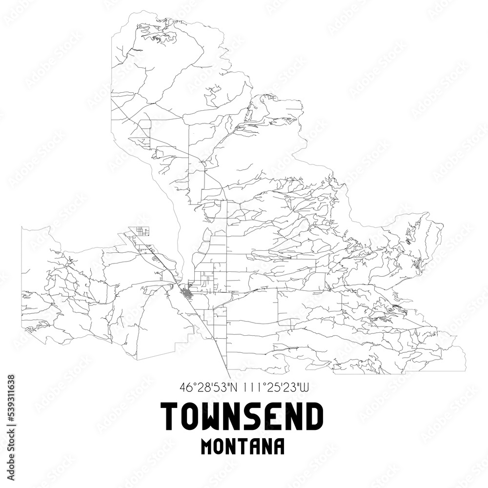 Townsend Montana. US street map with black and white lines.