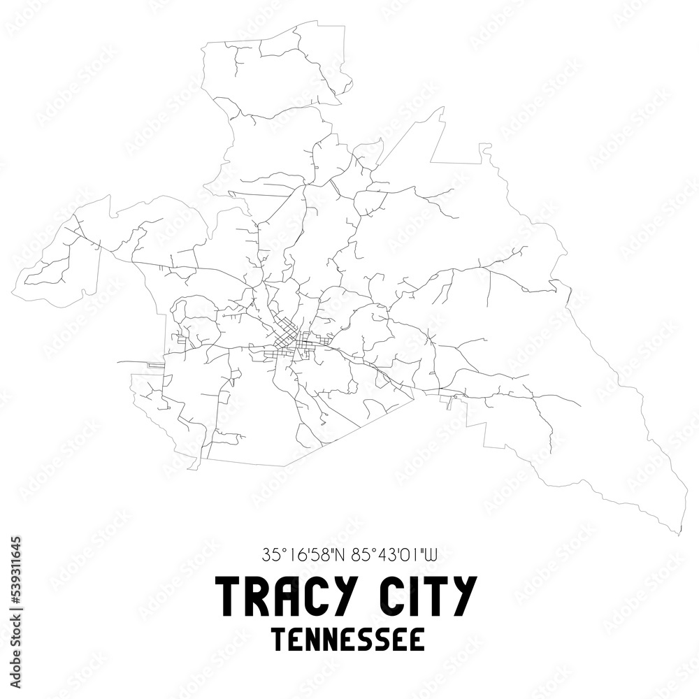 Tracy City Tennessee. US street map with black and white lines.