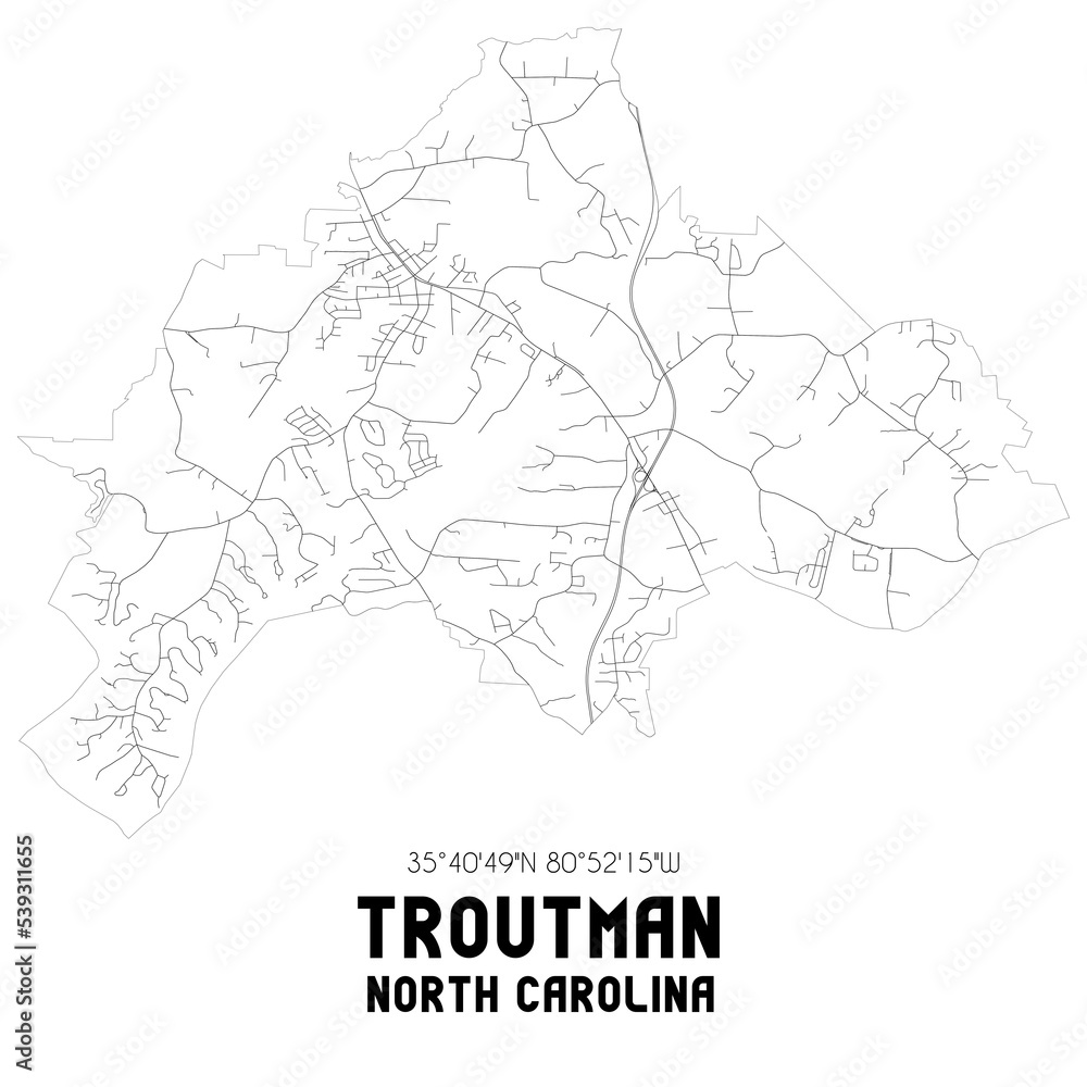 Troutman North Carolina. US street map with black and white lines.