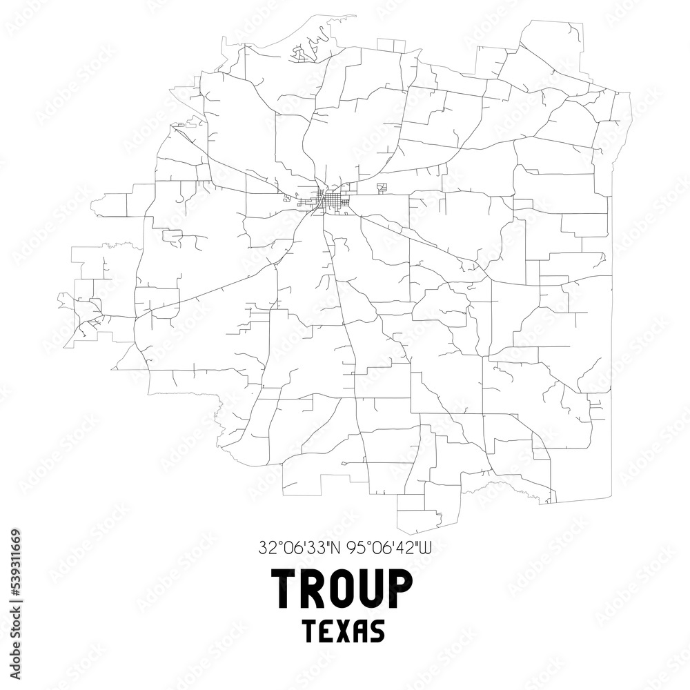 Troup Texas. US street map with black and white lines.