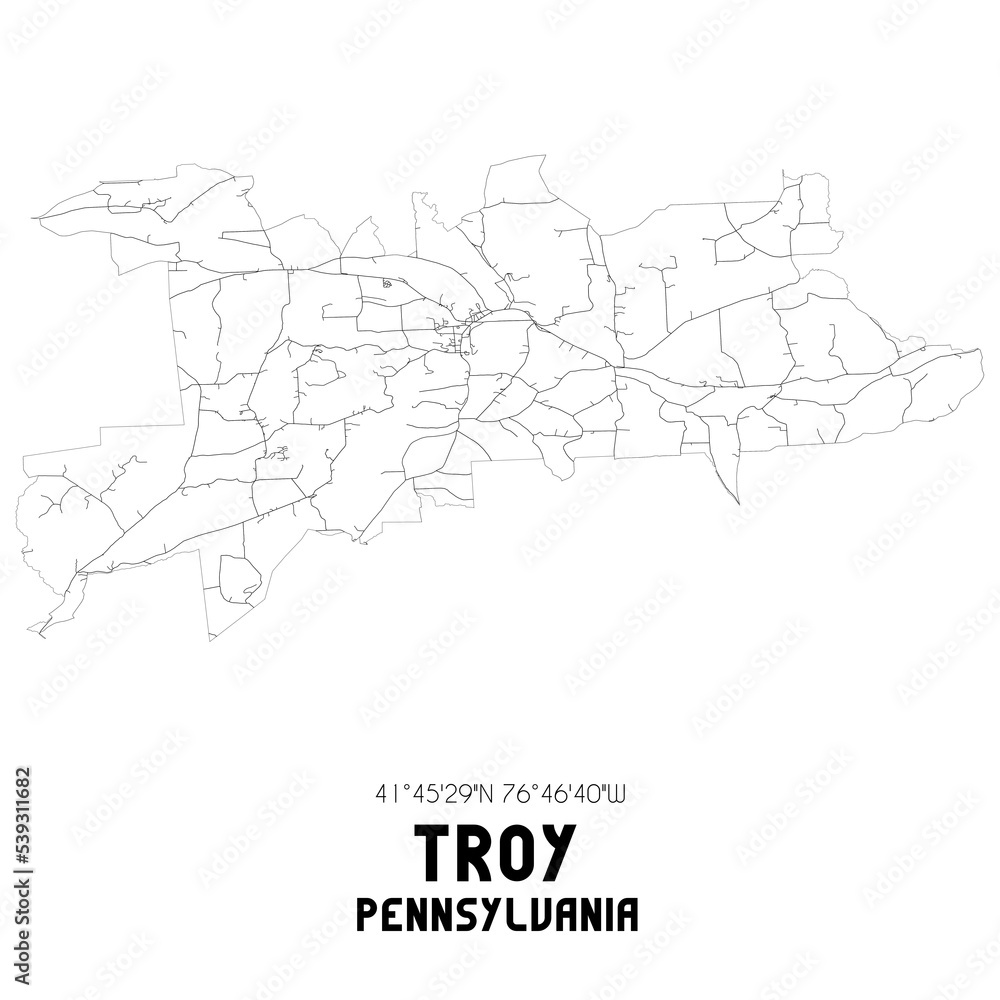 Troy Pennsylvania. US street map with black and white lines. Troy Pennsylvania. US street map with black and white lines.