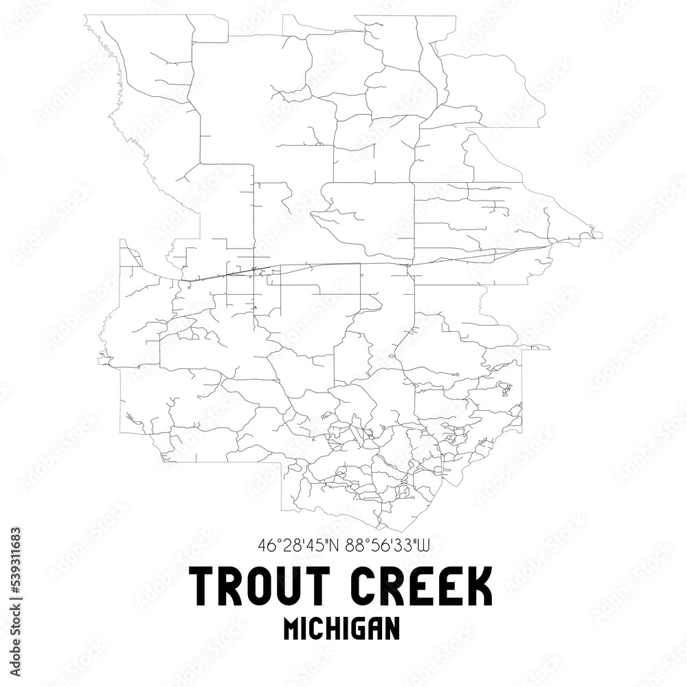 Trout Creek Michigan. US street map with black and white lines.