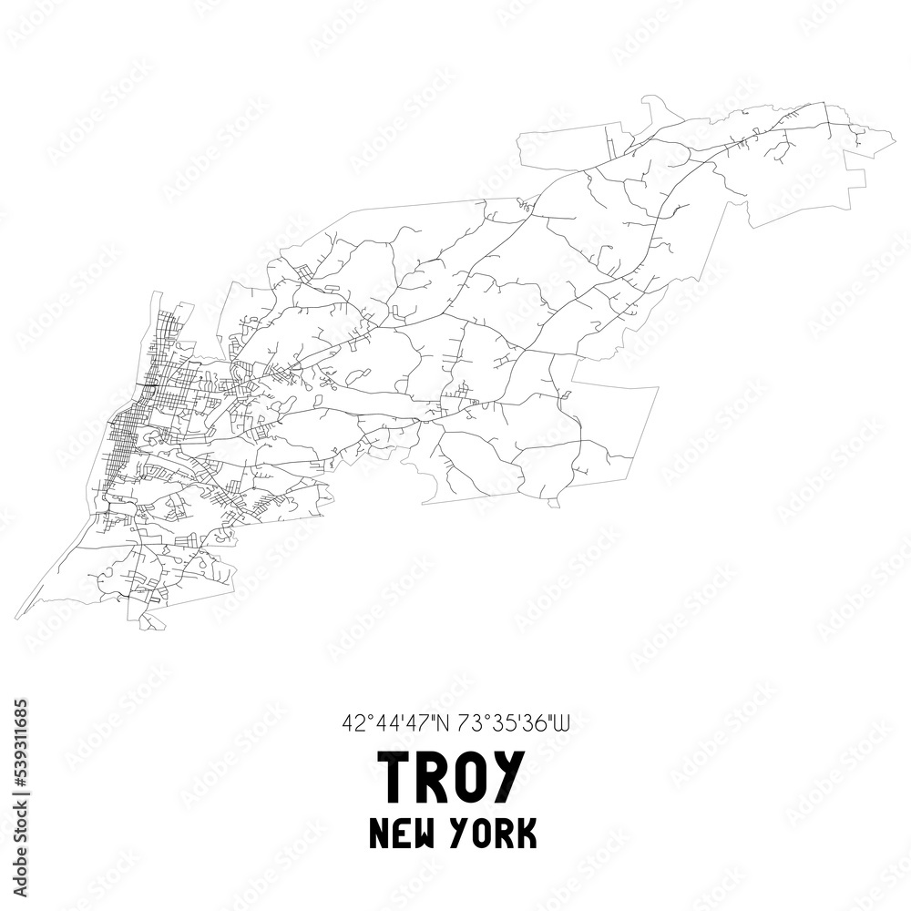 Troy New York. US street map with black and white lines.
