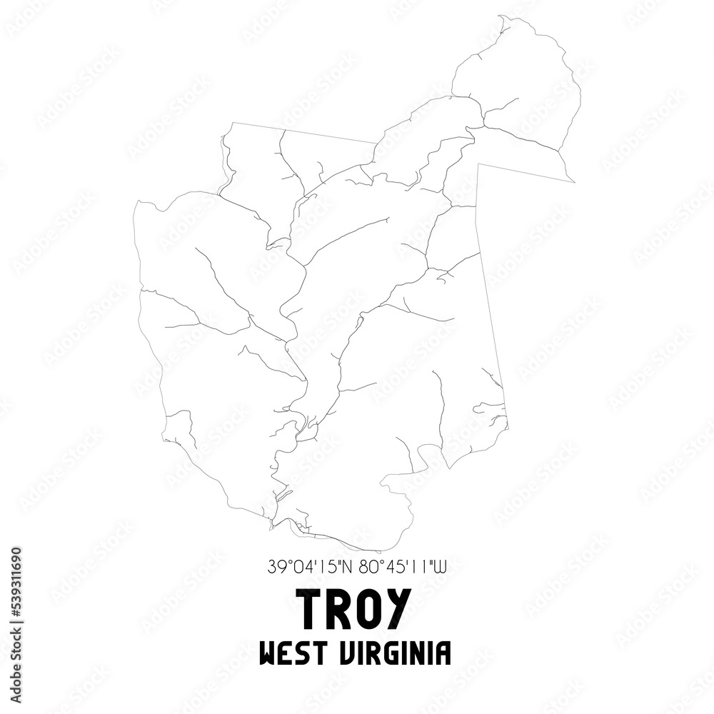 Troy West Virginia. US street map with black and white lines.