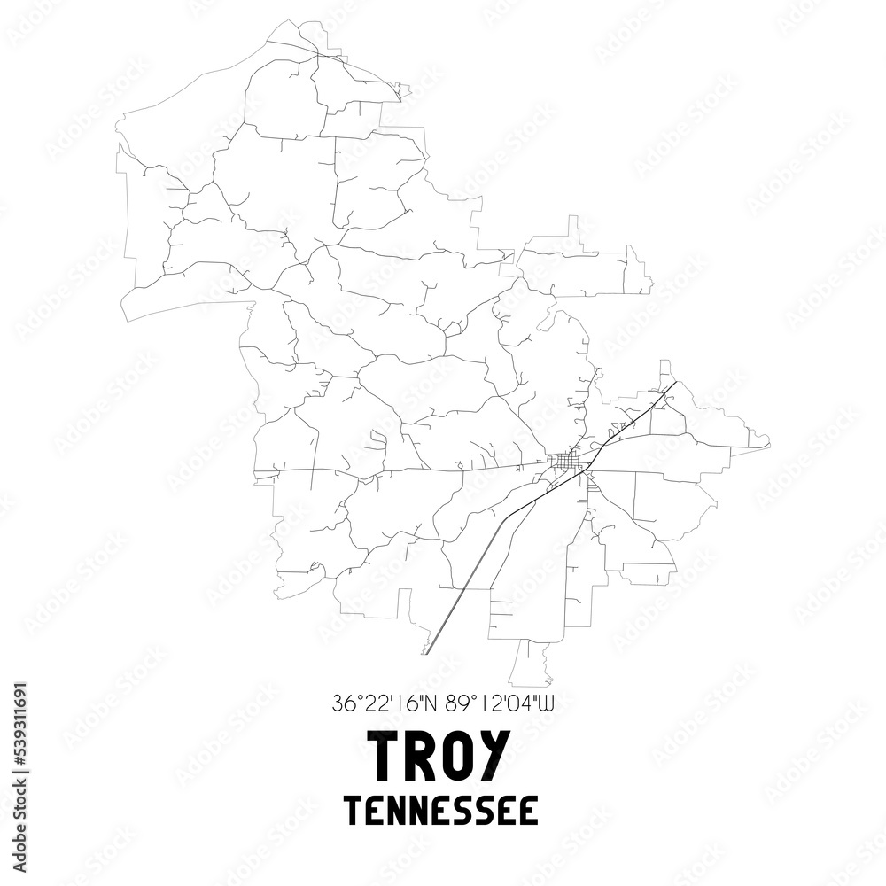 Troy Tennessee. US street map with black and white lines.