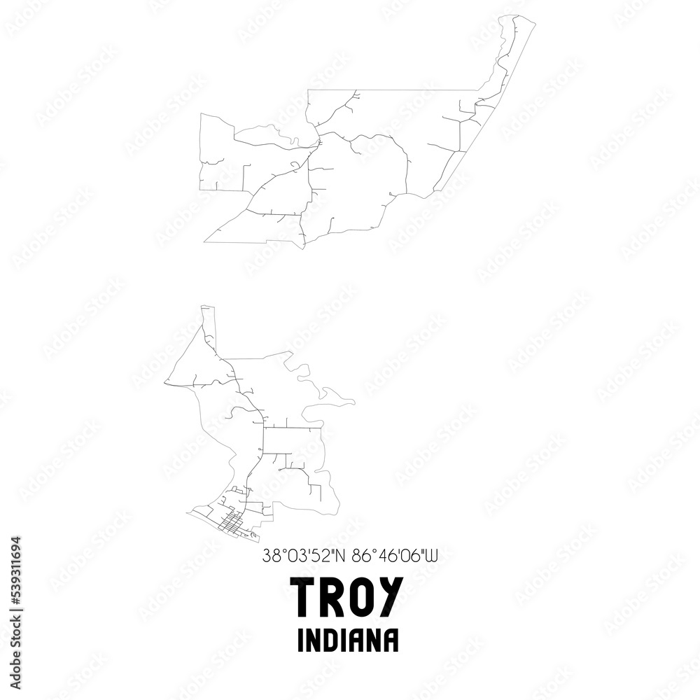 Troy Indiana. US street map with black and white lines.