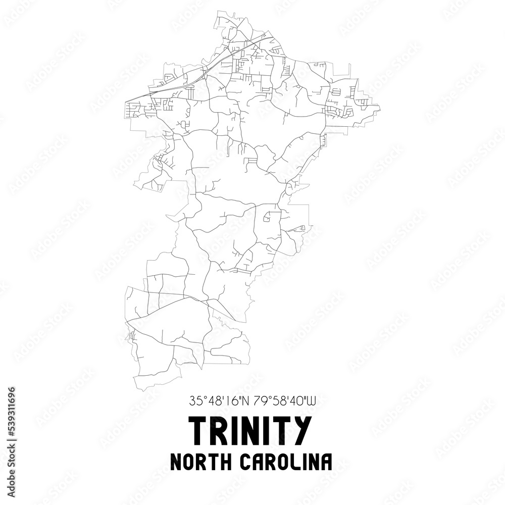 Trinity North Carolina. US street map with black and white lines.