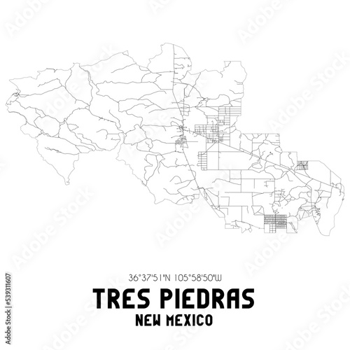 Tres Piedras New Mexico. US street map with black and white lines.