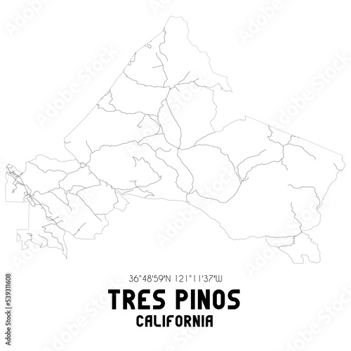 Tres Pinos California. US street map with black and white lines.
