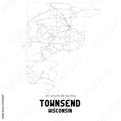 Townsend Wisconsin. US street map with black and white lines.