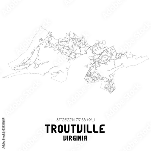 Troutville Virginia. US street map with black and white lines.