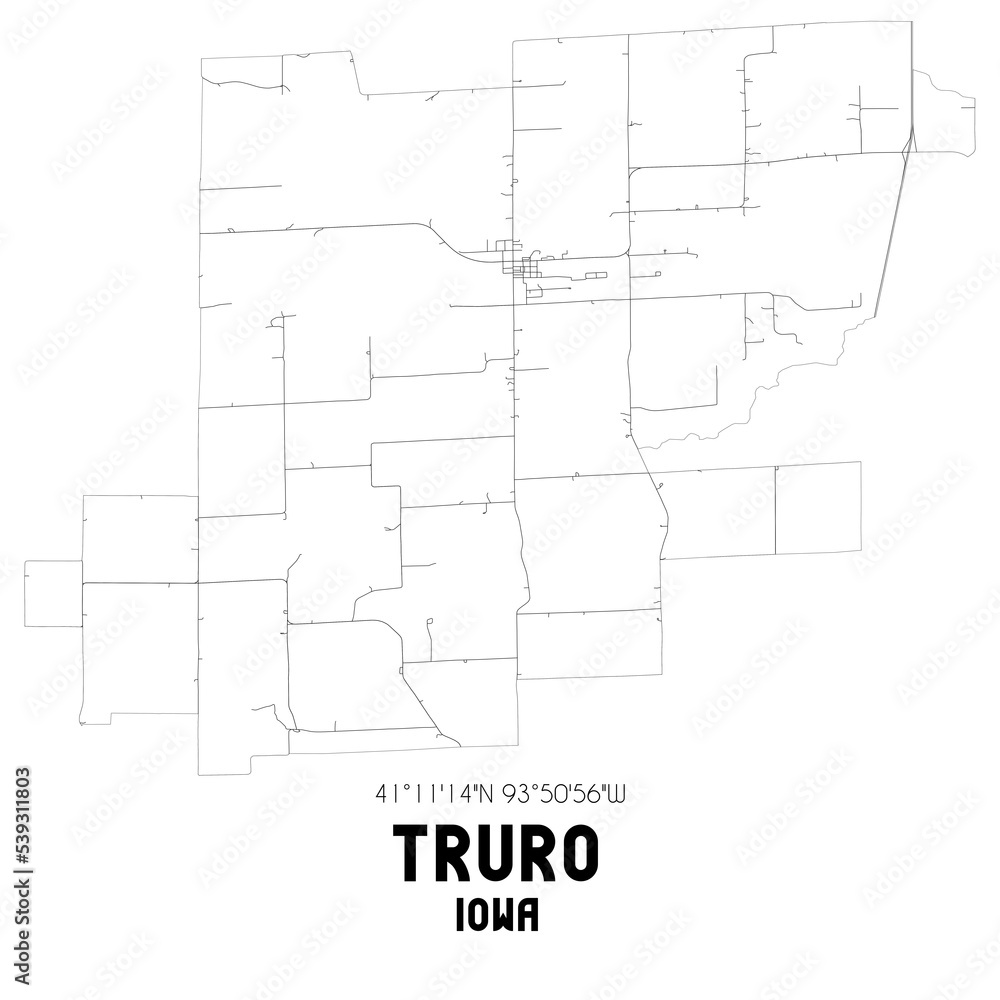 Truro Iowa. US street map with black and white lines.