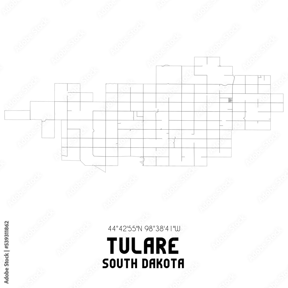 Tulare South Dakota. US street map with black and white lines.