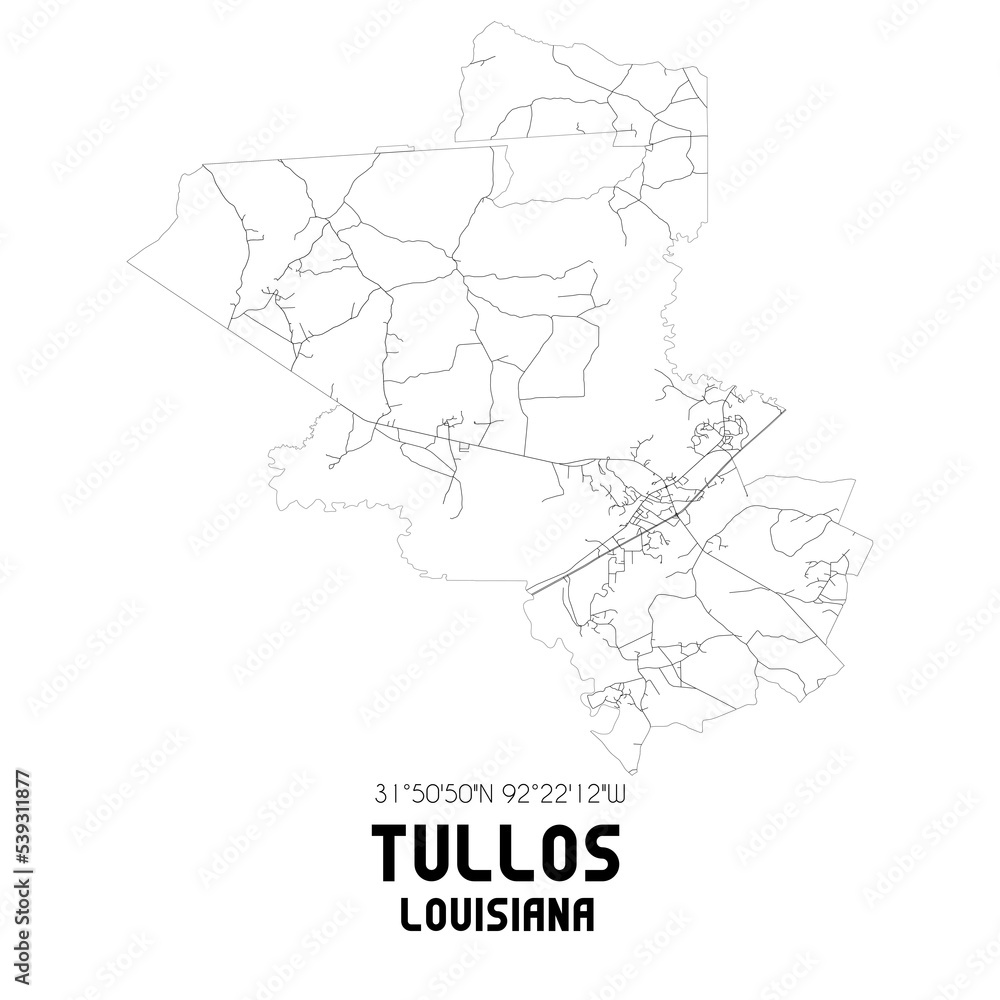 Tullos Louisiana. US street map with black and white lines.