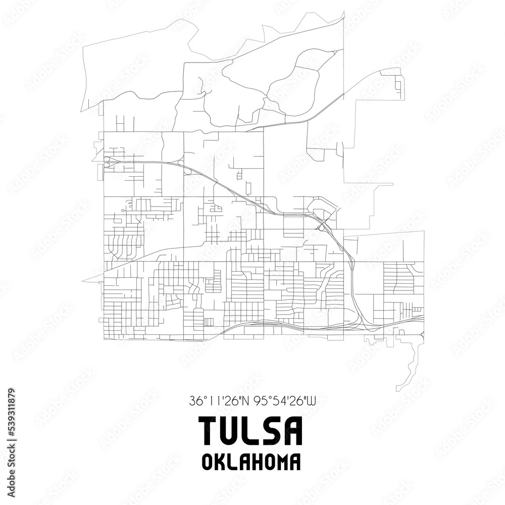 Tulsa Oklahoma. US street map with black and white lines.