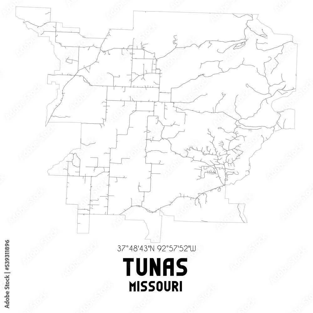 Tunas Missouri. US street map with black and white lines.