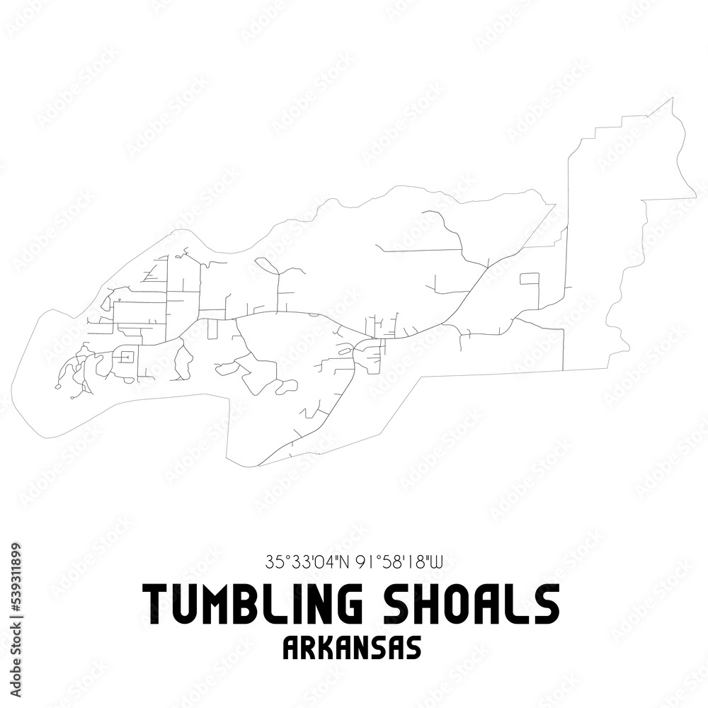 Tumbling Shoals Arkansas. US street map with black and white lines.